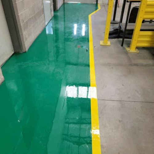Safety Green, Niser Epoxy Coating with safety yellow line striping in manufacturing facility