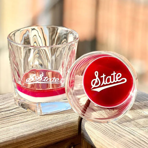 Maroon and White Glassware