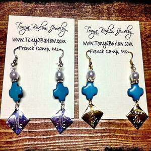 Small Turquoise Cross Earrings with Monogram Dangle