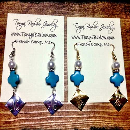 Small Turquoise Cross Earrings with Monogram Dangle