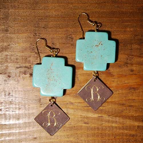 Turquoise Cross Earrings with Monogram Dangle