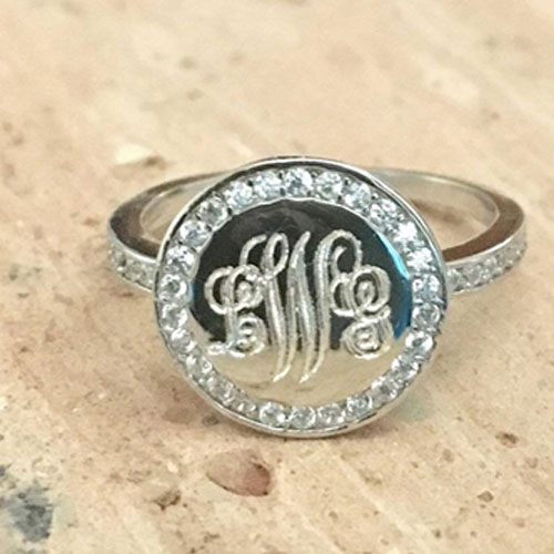 Sterling Silver Cubic Zirconia Round Monogram Ring